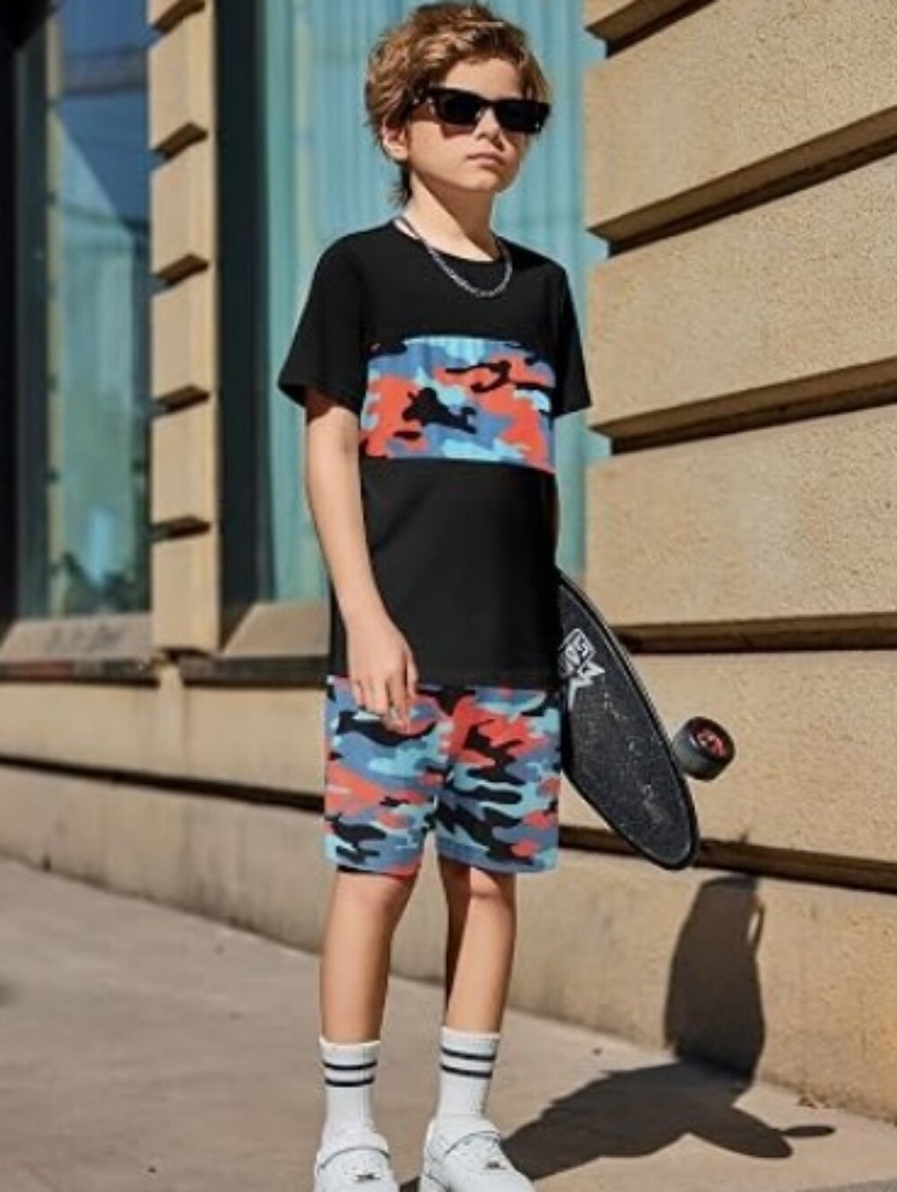 Boys 2-Piece Outfit Color Block T-Shirt and Shorts Set Camouflage